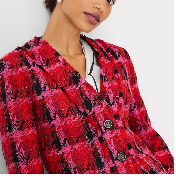 ANN TAYLOR Women’s Pink Multi Long Cardigan Jacket in Houndstooth Tweed Sz-2P - Picture 2 of 12